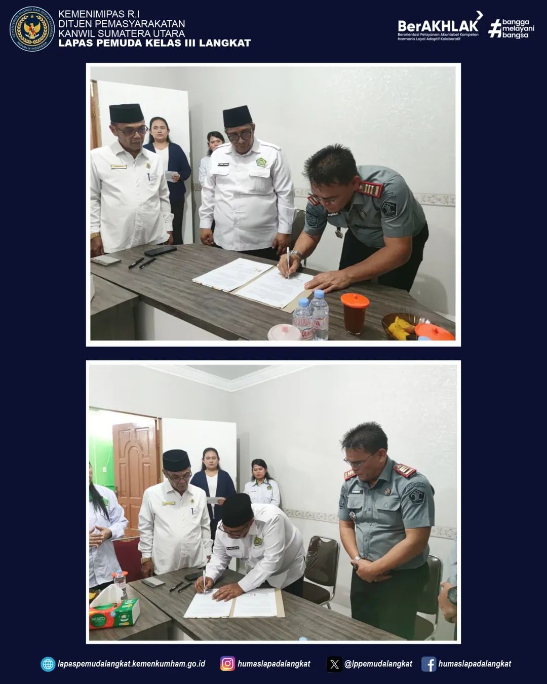 Kalapas Kelas III Pemuda Langkat Dan Kepala Kantor Kemenag Langkat H.Ainul Aswad Lakukan Tanda Tangan Perjanjian Kerja Sama.(Doc/Foto:Lapas Pemuda Langkat)